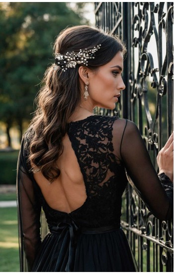 CALYPSO Gothic Black Wedding Hair Piece – Black Flower Bridal Comb with Crystals