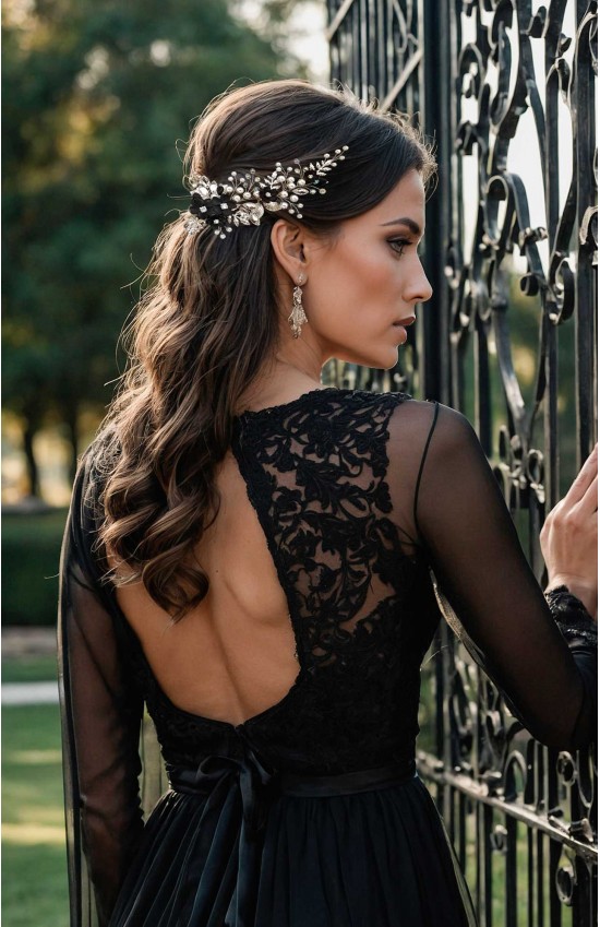 CALYPSO Gothic Black Wedding Hair Piece – Black Flower Bridal Comb with Crystals