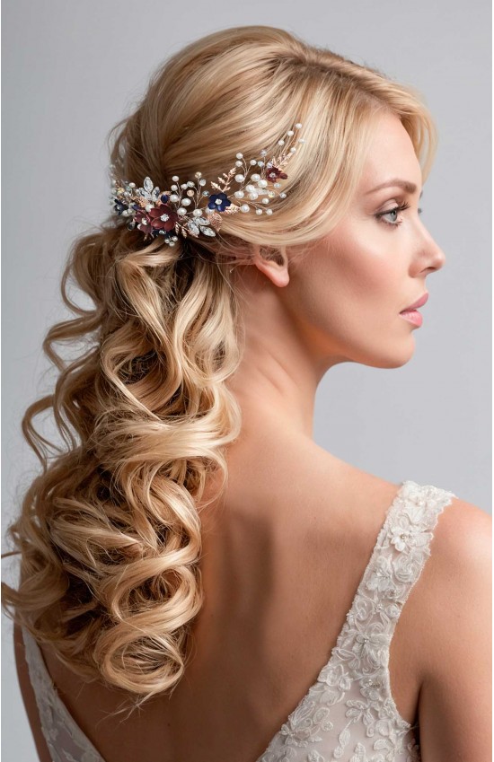 CALYPSO Burgundy & Navy Blue Sakura Hair Comb – Elegant Floral Bridal Hairpiece