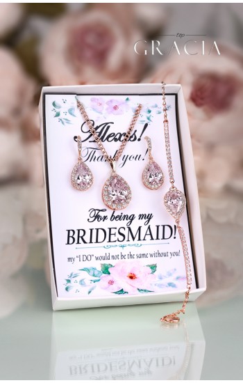 KYNTHIA Pink Blush Rose Gold Crystal Bridesmaid Gift Earrings Necklace Jewelry Set 