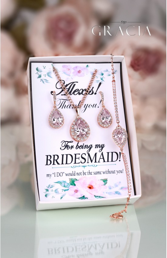 KYNTHIA Pink Blush Rose Gold Crystal Bridesmaid Gift Earrings Necklace Jewelry Set 