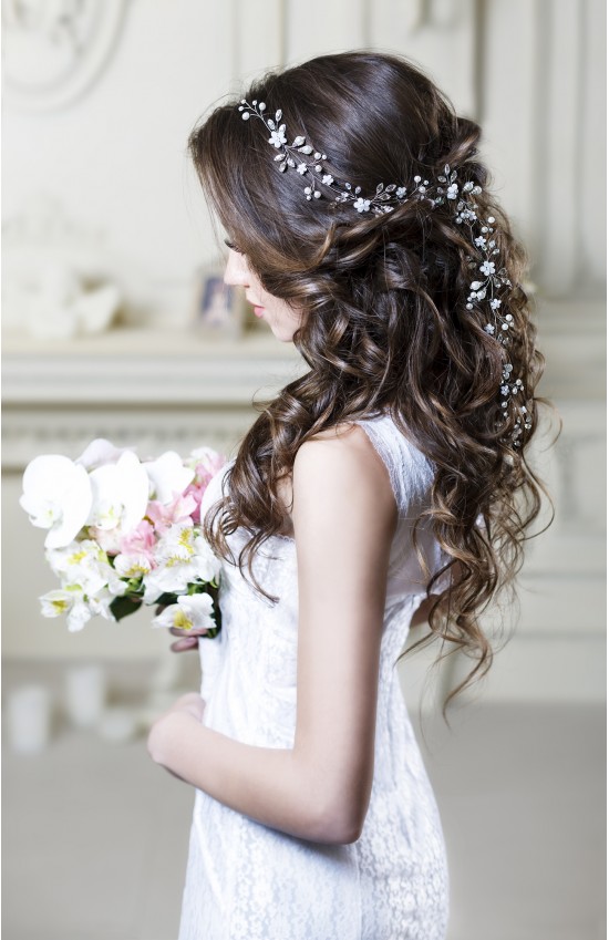 IOLANTA Long Pearl Flower Bridal Hair Vine With Crystals