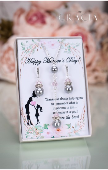 LENA Mother's Day Gift Gray Pearl Earrings Necklace - Jewelry Set