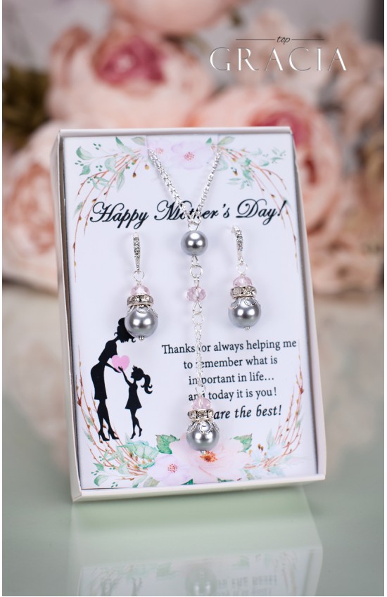 LENA Mother's Day Gift Gray Pearl Earrings Necklace - Jewelry Set