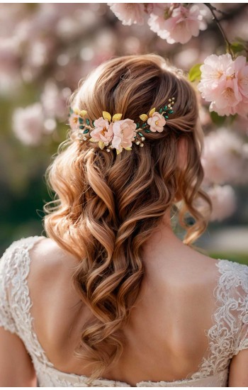 LEXIS Blush Wedding Hairpiece with Green Crystals – Handmade Floral Hair Accessory