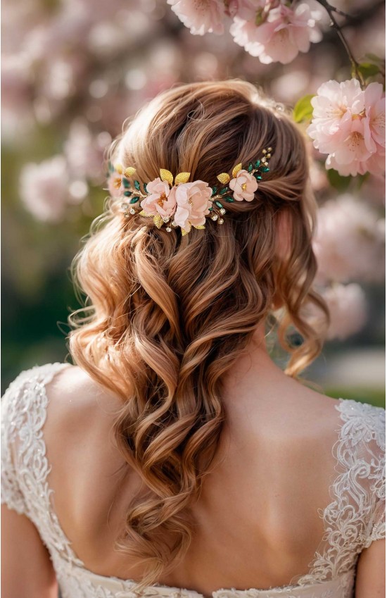 LEXIS Blush Wedding Hairpiece with Green Crystals – Handmade Floral Hair Accessory