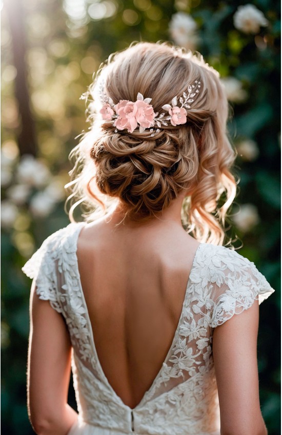 LEXIS Blush Wedding Flower Crystal Hairpiece for Brides – Handmade Silk Floral Bridal Hair Accessory