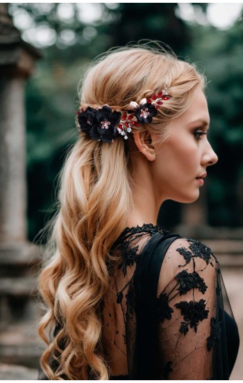 LEXIS Gothic Black Wedding Hair Piece with Red Crystals | Handmade Bridal Hair Accessory for Unique Weddings