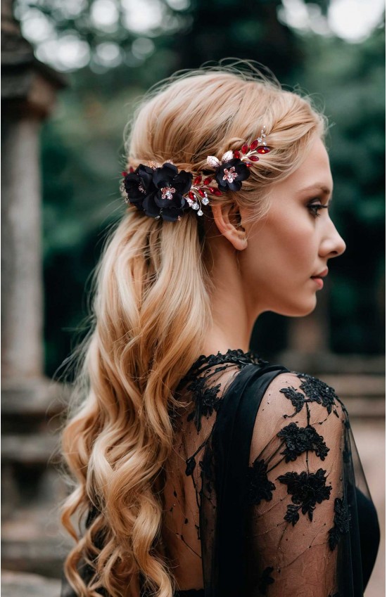 LEXIS Gothic Black Wedding Hair Piece with Red Crystals | Handmade Bridal Hair Accessory for Unique Weddings