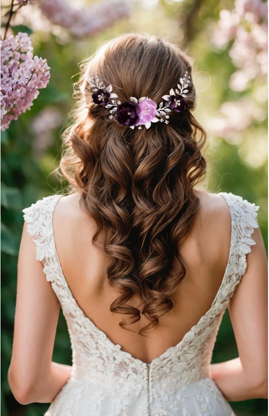 LEXIS Purple and Lilac Floral Wedding Hairpiece with Crystals