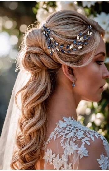 PANDORA Royal Sapphire Blue Wedding Hair Vine - Something Blue Bridal Hair Accessory