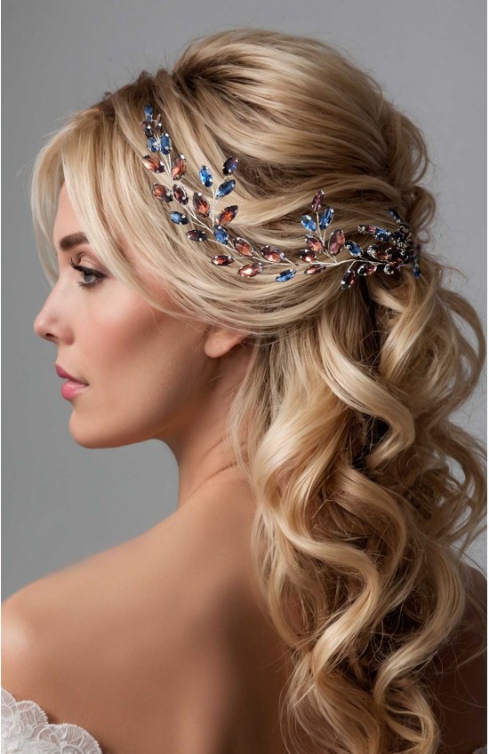 PANDORA Crystal Burgundy Navy Blue Hair Vine – Elegant Bridal Hair Accessory