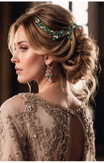 PANDORA Handcrafted Emerald Green Hair Vine – Elegant Wedding and Bridal Hairpiece