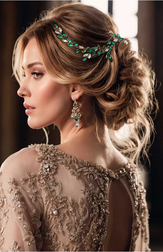 Pandora Handcrafted Emerald Green Hair Vine – Elegant Wedding and Bridal Hairpiece