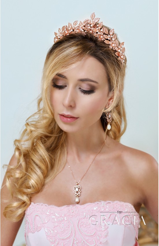 SARA Rose Gold Leaf Grecian Wedding Tiara Crown With Flowers