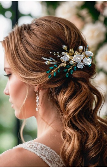 XANTHE Emerald Green Bridal Hair Comb – Handmade Wedding Hairpiece with Crystals & Pearls