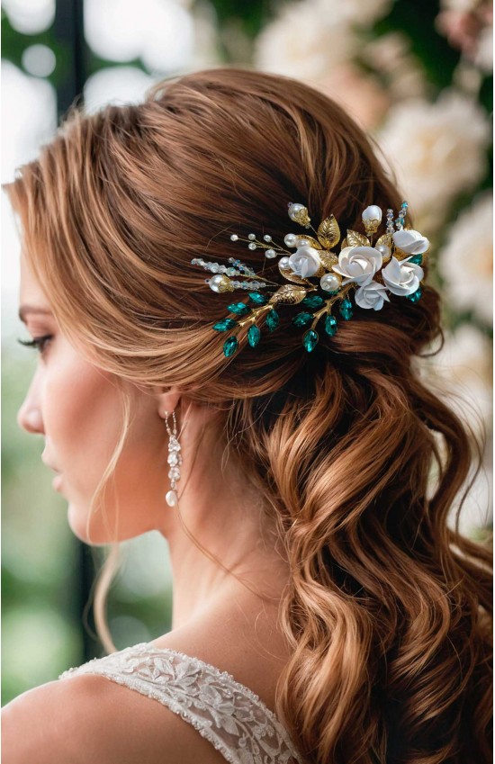 XANTHE Emerald Green Bridal Hair Comb – Handmade Wedding Hairpiece with Crystals & Pearls