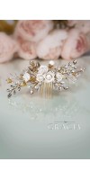 XANTHE White or Ivory Rose Flower Gold Leaf Bridal Hair Comb