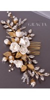 XANTHE White or Ivory Rose Flower Gold Leaf Bridal Hair Comb