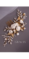 XANTHE White or Ivory Rose Flower Gold Leaf Bridal Hair Comb