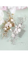XANTHE White or Ivory Rose Flower Gold Leaf Bridal Hair Comb