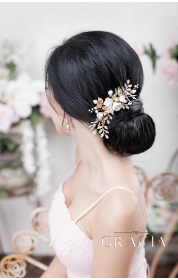 XANTHE White or Ivory Rose Flower Gold Leaf Bridal Hair Comb