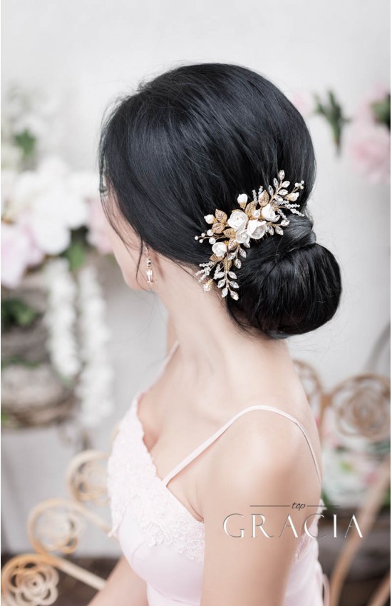XANTHE White or Ivory Rose Flower Gold Leaf Bridal Hair Comb