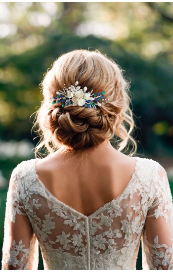 XANTHE Green and Blue Crystal Hair Comb with Roses