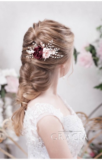 XENIA - Blush Pink Burgundy Rose Flower Comb for Exquisite Brides