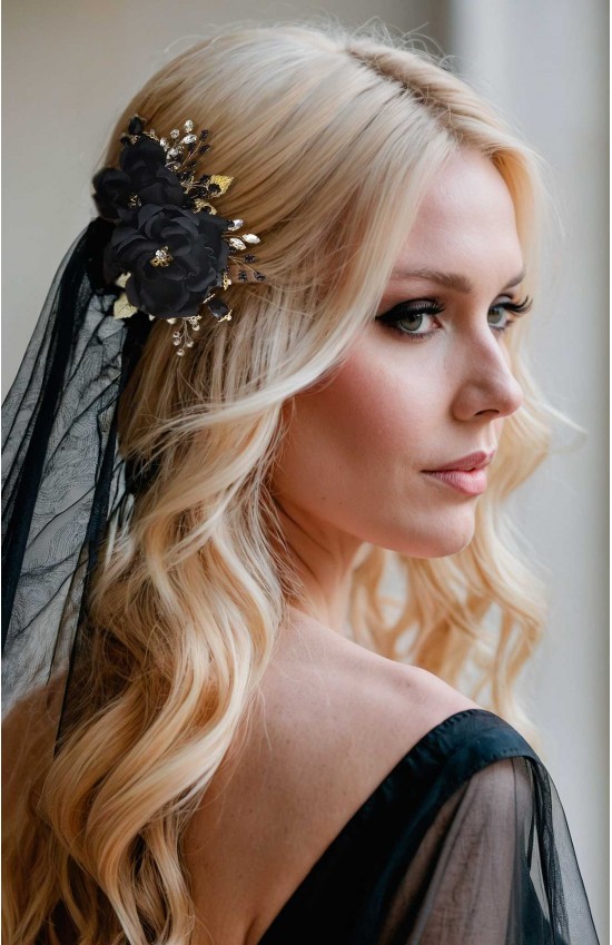 XENIA Black Flower Bridal Comb – Gothic Elegance for Your Wedding Day