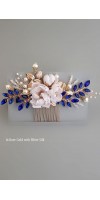 Xanthe Silver Sapphire Blue Wedding Hair Comb with Silk Flowers and Sapphire Crystals – Bridal Hair Accessory for Wedding Updos