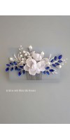 Xanthe Silver Sapphire Blue Wedding Hair Comb with Silk Flowers and Sapphire Crystals – Bridal Hair Accessory for Wedding Updos