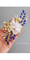 Xanthe Silver Sapphire Blue Wedding Hair Comb with Silk Flowers and Sapphire Crystals – Bridal Hair Accessory for Wedding Updos