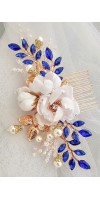 Xanthe Silver Sapphire Blue Wedding Hair Comb with Silk Flowers and Sapphire Crystals – Bridal Hair Accessory for Wedding Updos