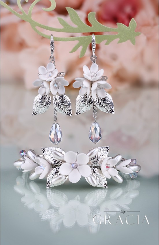 BIA Flower Silver Crystal Bridal Jewelery Set Bracelet and Earrings