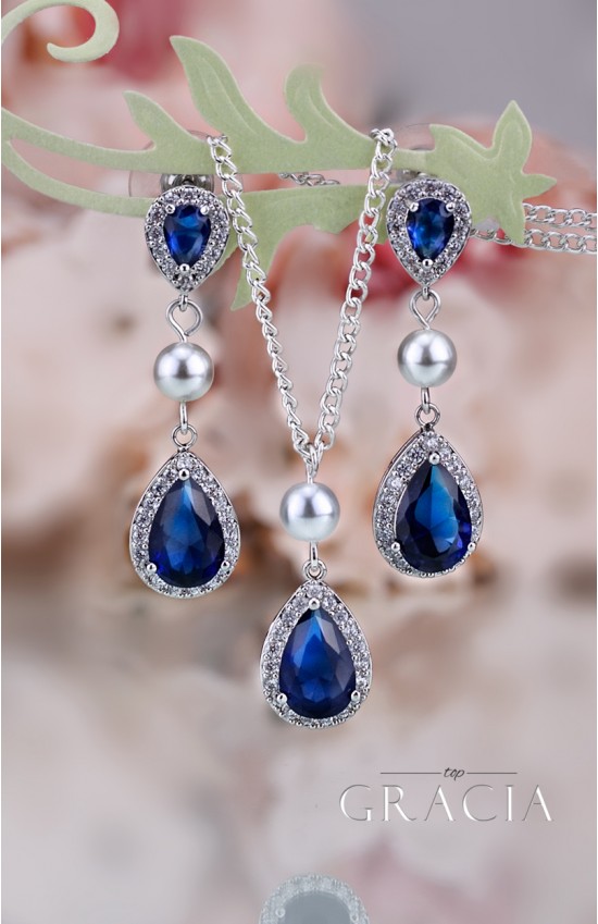 MARIAH Navy Sapphire Bridesmair Gift Blue Bridal Jewelry Set Teardrop Pearl Earrings Necklace