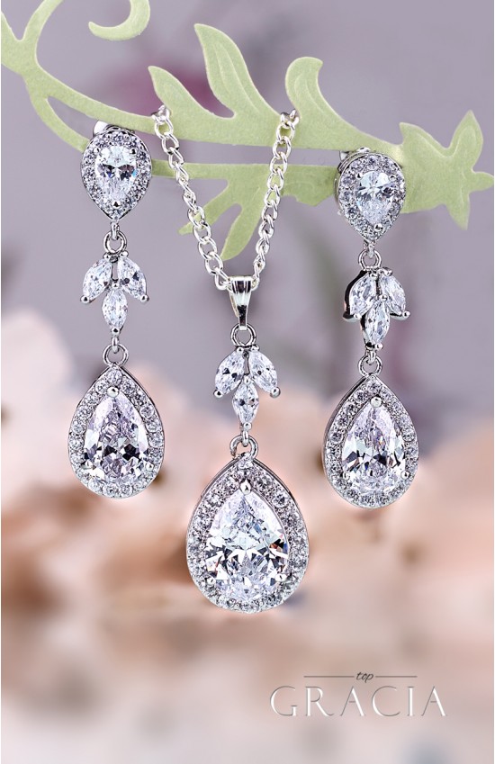 MNEME Cubic Zirconia Silver Crystal Bridal Dangle Earrings