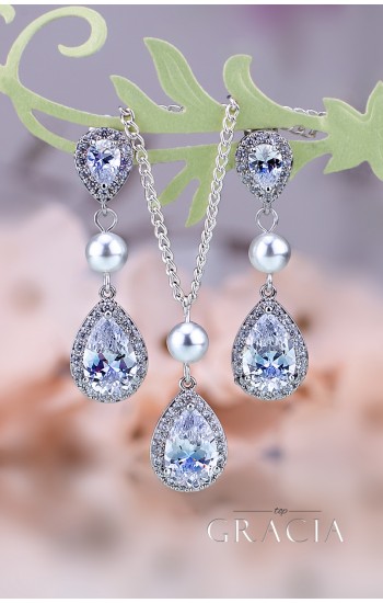 NATASA Crystal And Pearl Jewelry Set Gift Bridal Teardrop Earrings Necklace