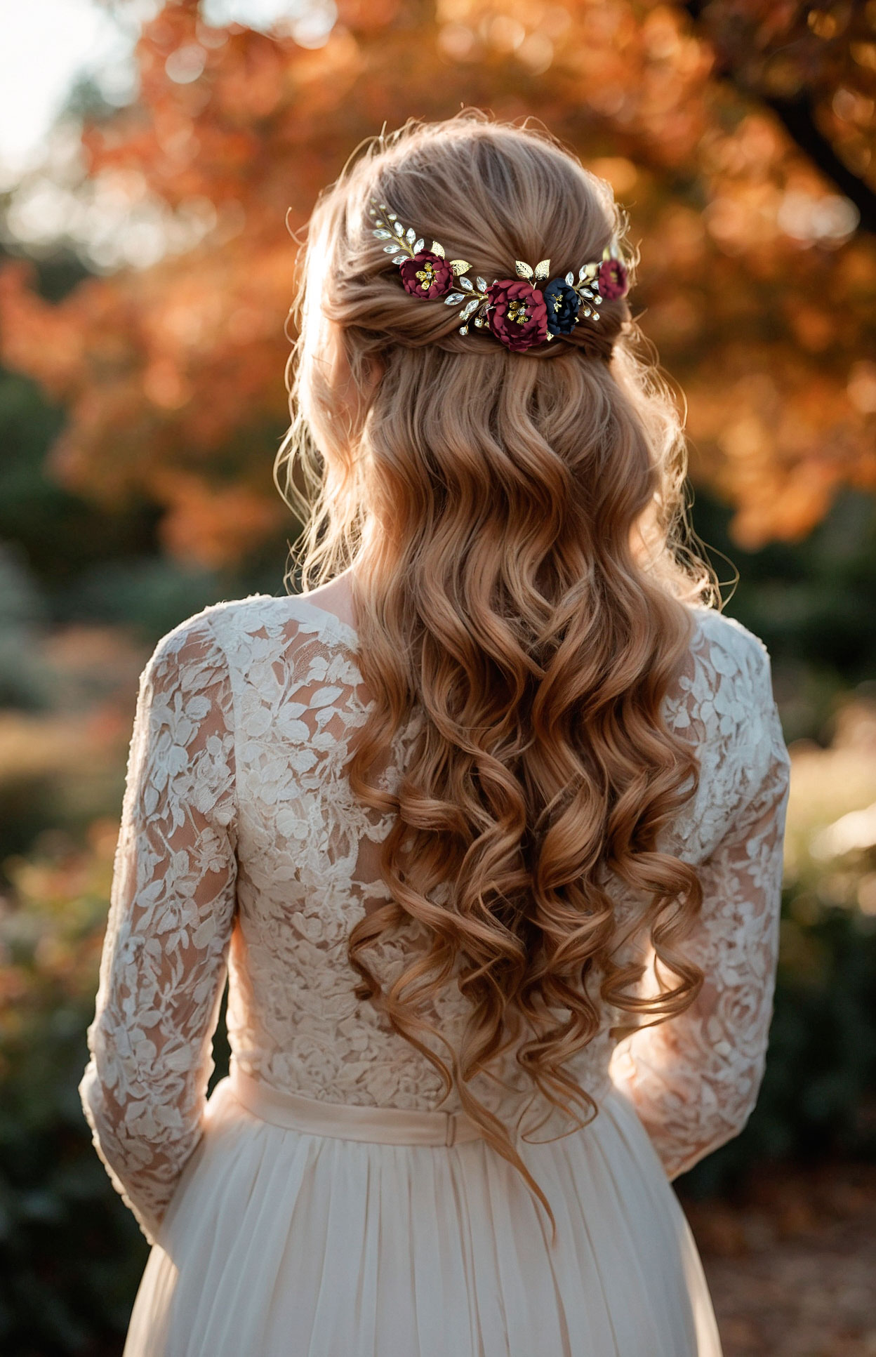 Burgundy-navy-blue-bridal-flower-hairpiece-for-fall-wedding