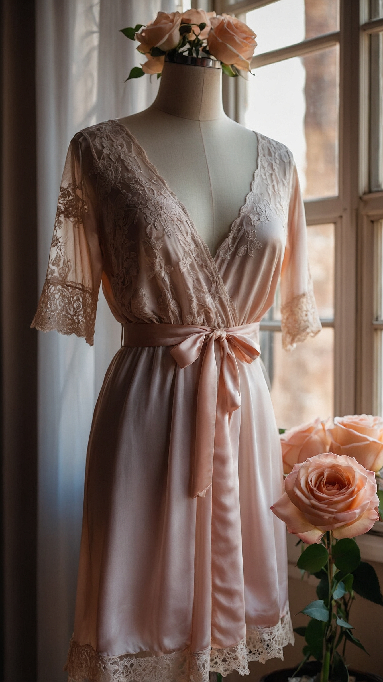 Luxurious blush silk bridal lingerie with lace trim