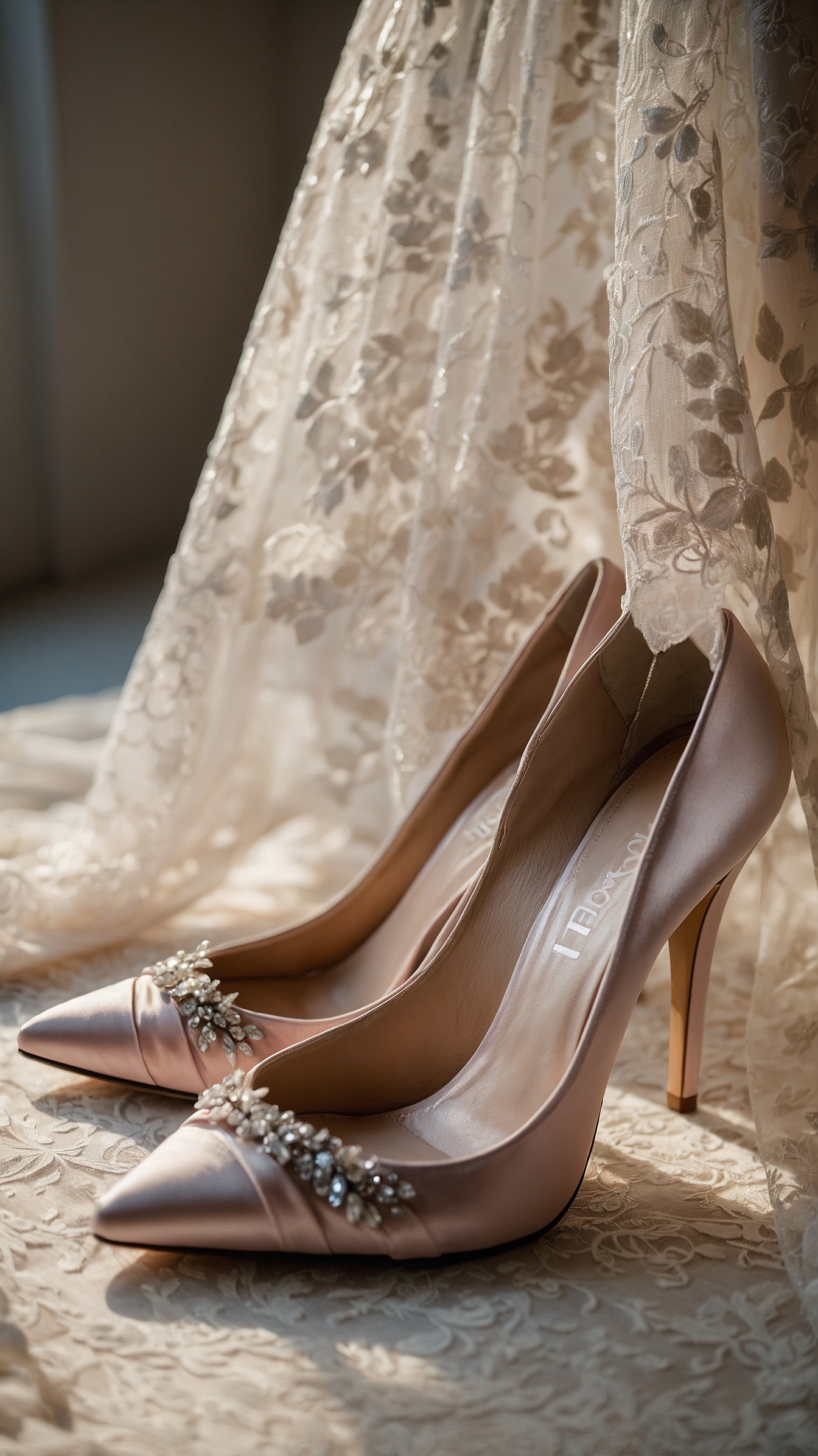 Blush satin wedding heels with lace appliqués and crystal embellishments