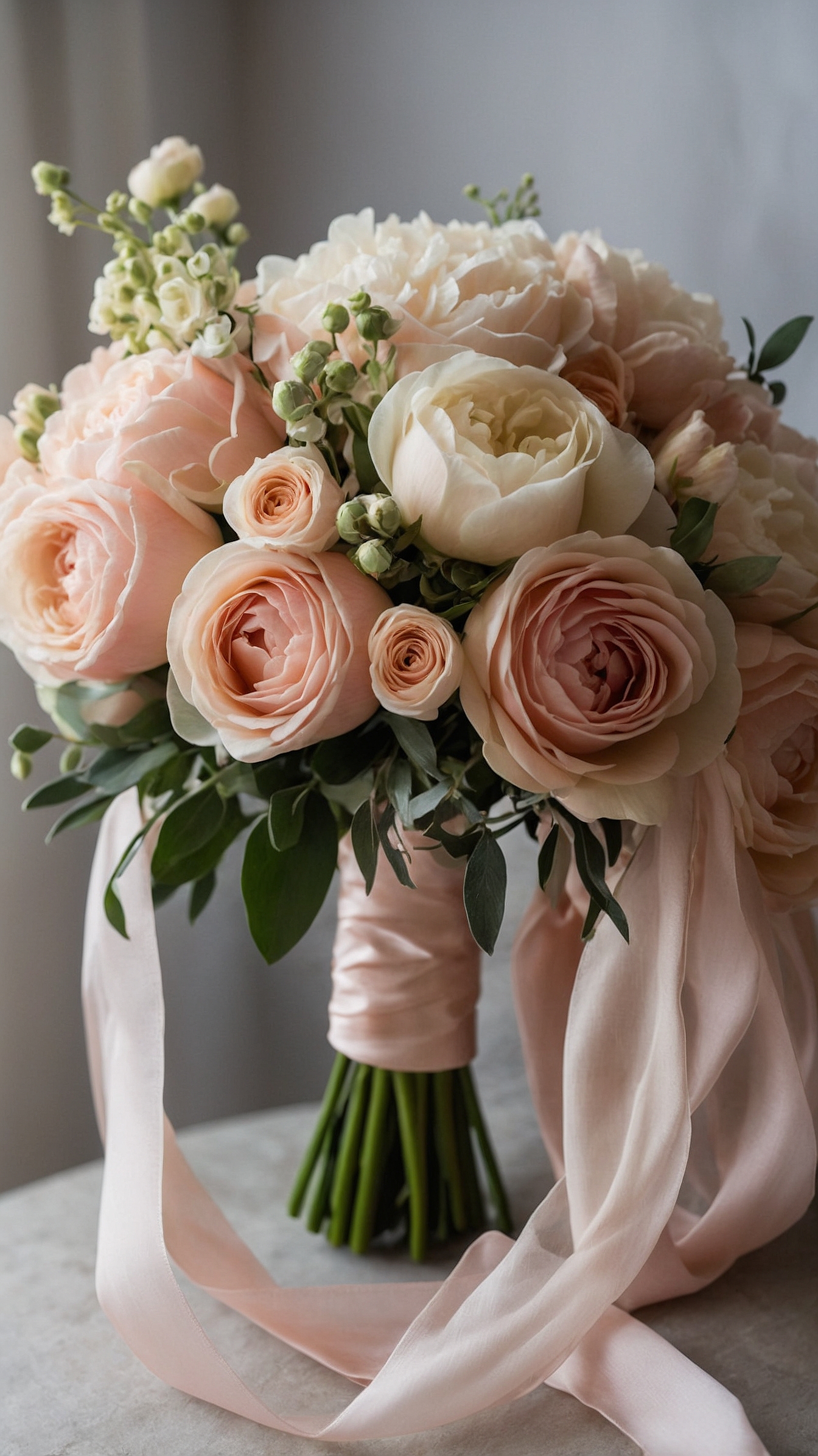 Romantic blush and ivory rose bridal bouquet with silk ribbon