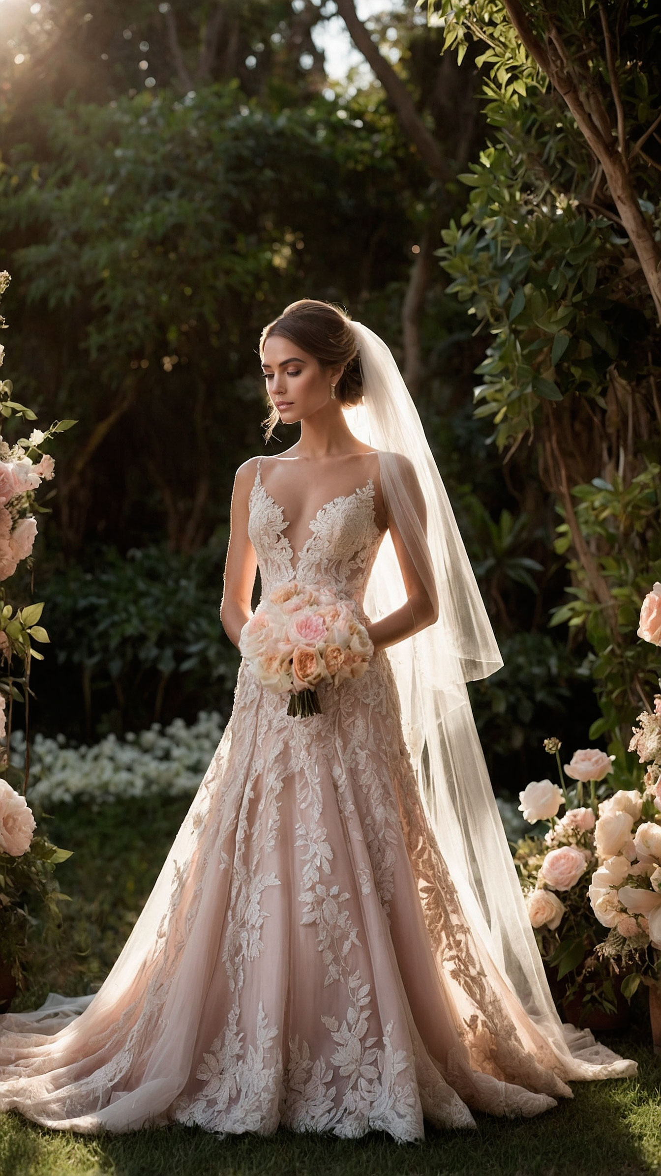 lush pink wedding dress with floral lace and tulle train