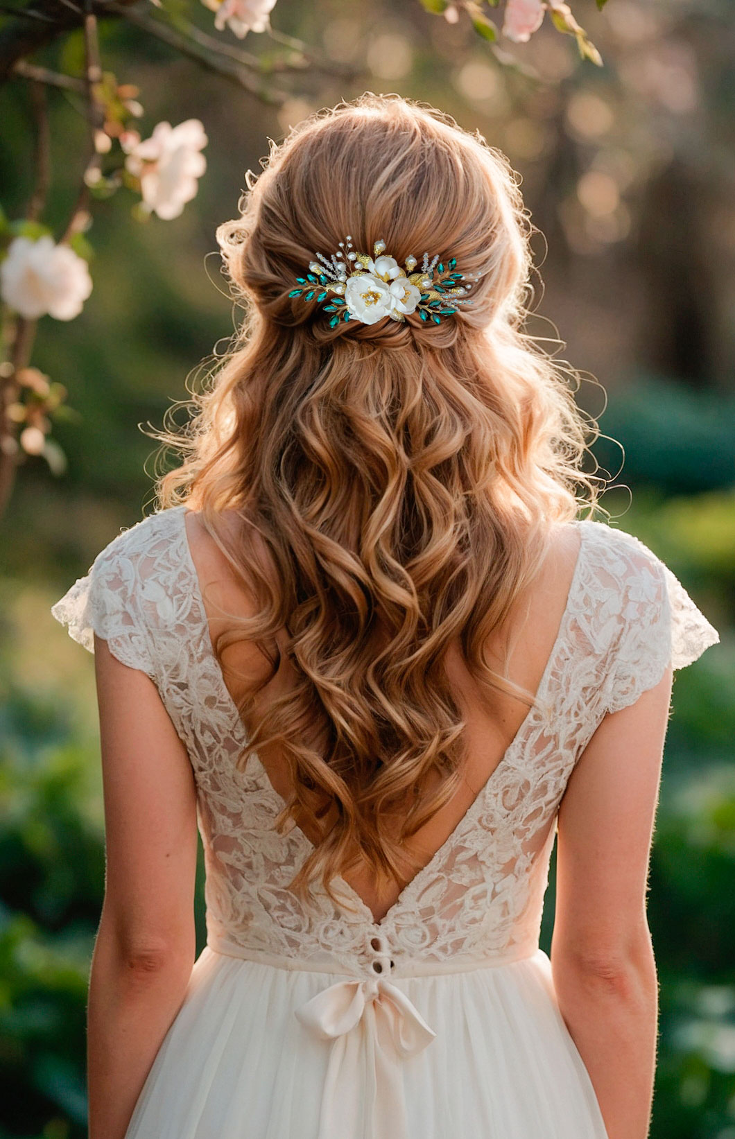 Emerald-green-wedding-hairpiece-with-flower-earrings-for-garden-bride