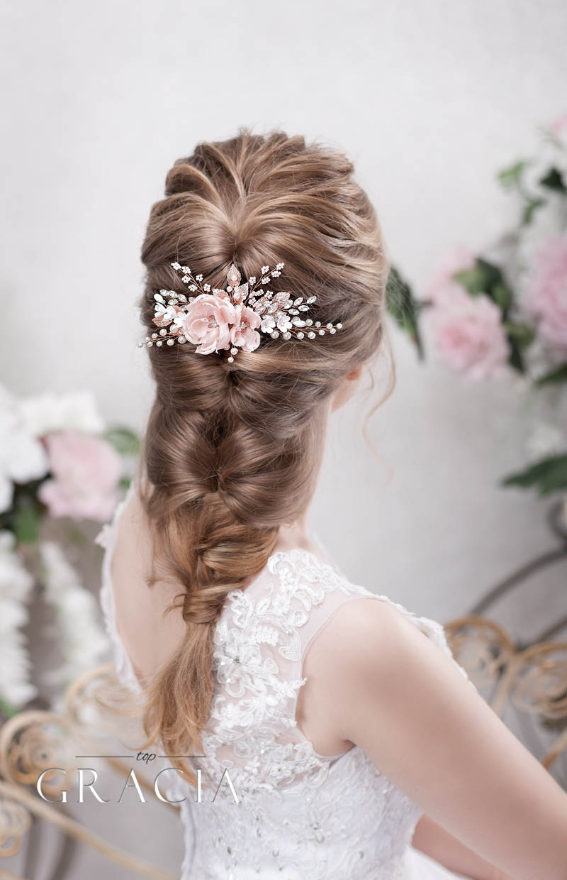 blush bridal hair accessories with crystal in rose gold